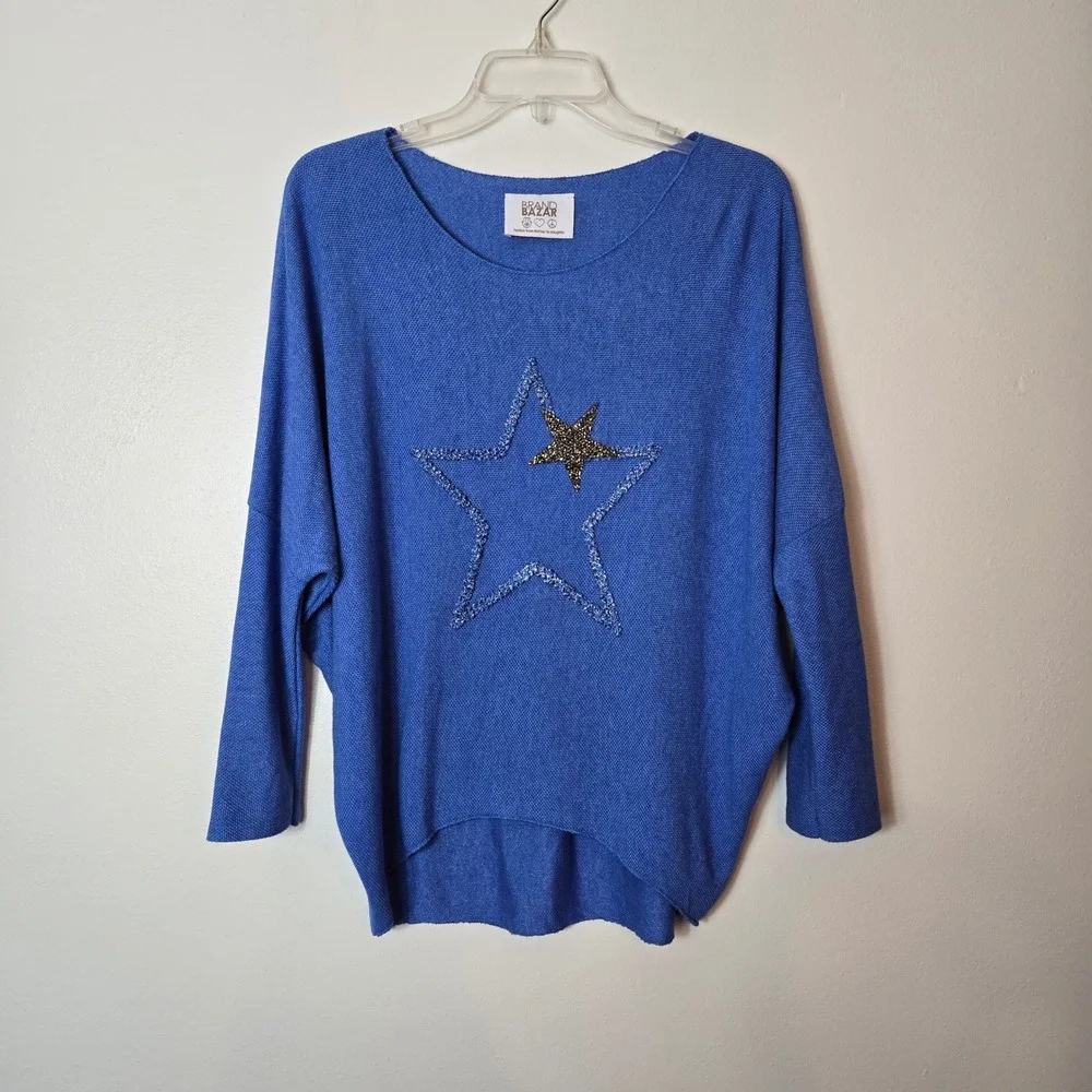 Brand Bazar Blue Angora Wool Blend Star Embellished Oversized Sweater‎ Italy